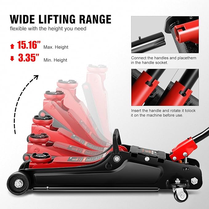 DNA Motoring Low Profile Hydraulic Trolley Service/Floor Jack, 2.5 Ton (5500 lbs) Capacity, Lifting Range 3.35"-15.16",Red, TOOLS-00676-RD