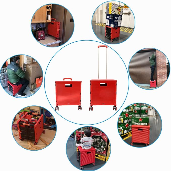 Foldable Utility Cart Folding Portable Rolling Crate Handcart Shopping Trolley Wheel Box with Lid Wear-Resistant Noiseless 360°Rotate Wheel for Travel Shopping Moving Storage Office Use (Red)