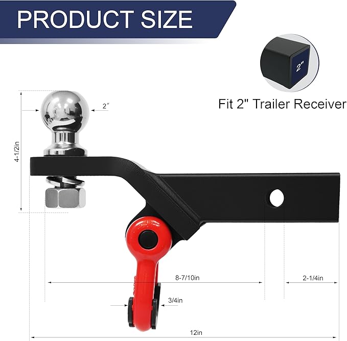 Trailer Hitch Ball Mount Features D Ring Shackle Compatible with 2" Hitch Receiver, 2" Ball Hitch and 3/4" Red Shackle Combo Suitable for Pickup Trucks, Suvs, Sedans, and Other Vehicles (with Lock)