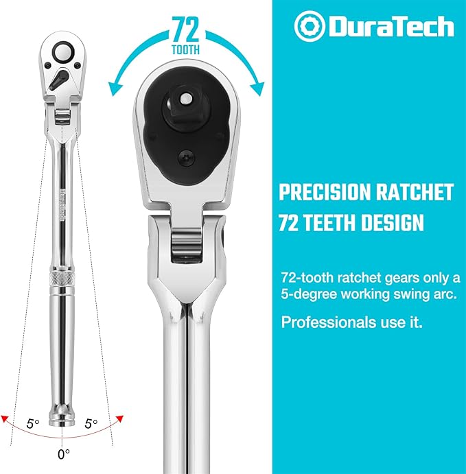 DURATECH 3-Piece Flex-Head Ratchet Set, 1/4", 3/8", 1/2" Drive Ratchet, 72-Tooth with Quick-Release Reversible Design, Chrome Alloy Made, Fully Polished, Organized in Storage Case