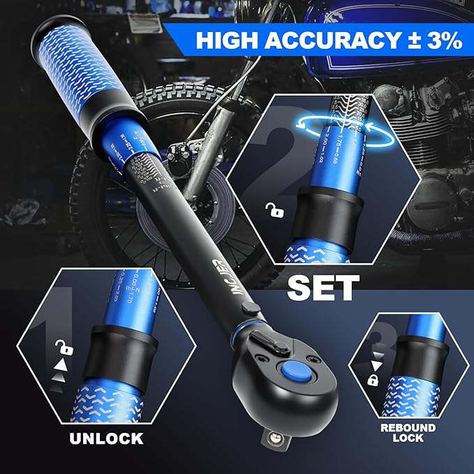 UPGRADE 3/8" Drive Click Torque Wrench,5-50Ft.Lb,Dual-Direction Adjustable 72 Tooth Click Torque Wrench for Bike, Motorcycle,Professionals & DIYers,Blue