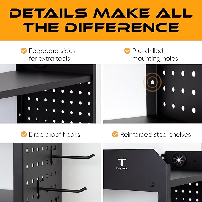 Power Tool Organizer Wall Mount, 4 Layer Heavy Duty Metal Tool Storage Rack with 4 Drill Holders, Pegboard Side Panels & Hooks, Garage Tool Organizer Wall Mount for Cordless Tools, Workshop, Shed