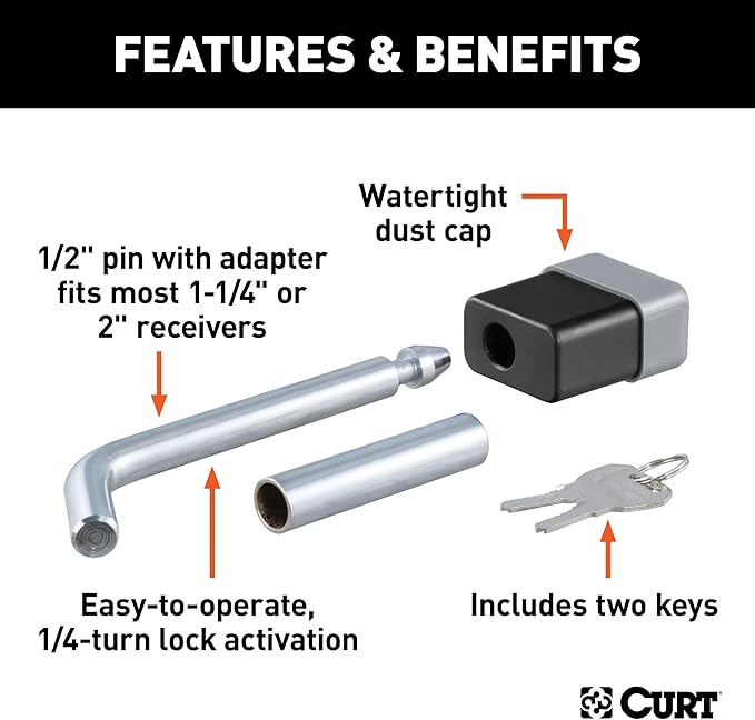 CURT 23024 Trailer Hitch Lock, 1/2-Inch Pin Diameter, 5/8-Inch Adapter, Fits 1-1/4 or 2-Inch Receiver (Pack of 4)