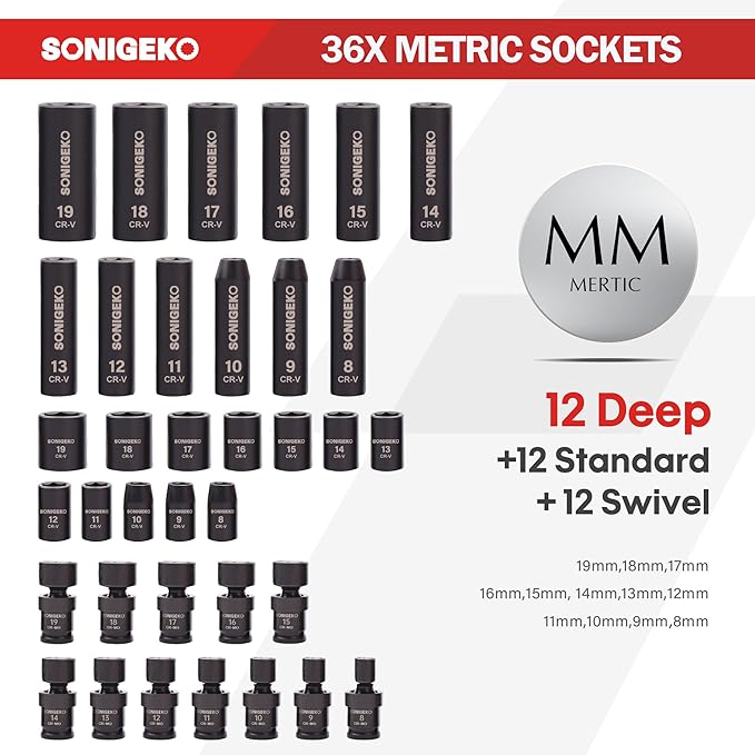 Socket Set 3/8" Impact 67-Piece Metric and Sae 6 Point CR-V Steel Sockets with extension bars, 20-piece Swivel Sockets (Metric and SAE and Swivel, 3/8" Socket set,67pcs)