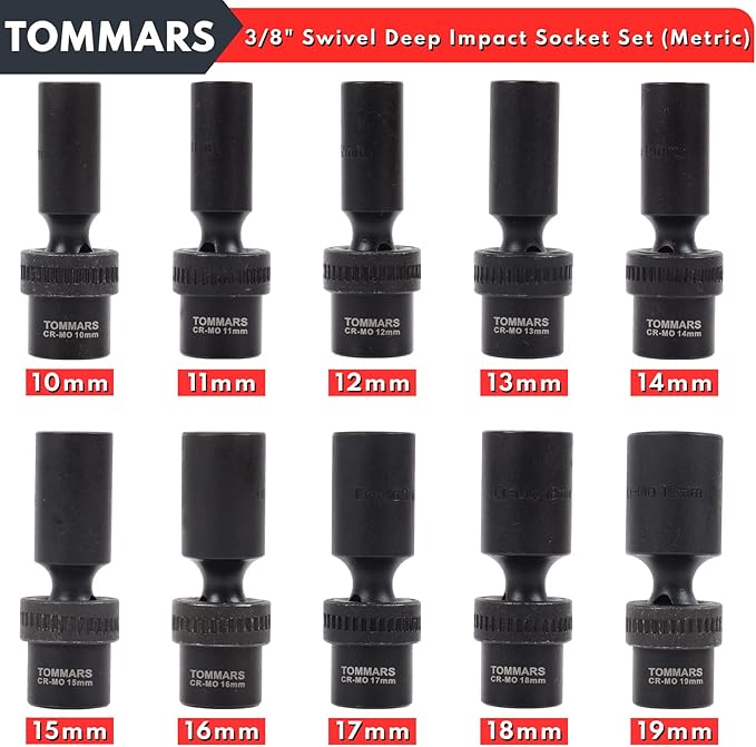 TOMMARS 3/8" Drive Universal Swivel Impact Socket Set Deep, 6 Point Wobble Flexible Socket Set Metric 10-19 mm CR-MO Steel