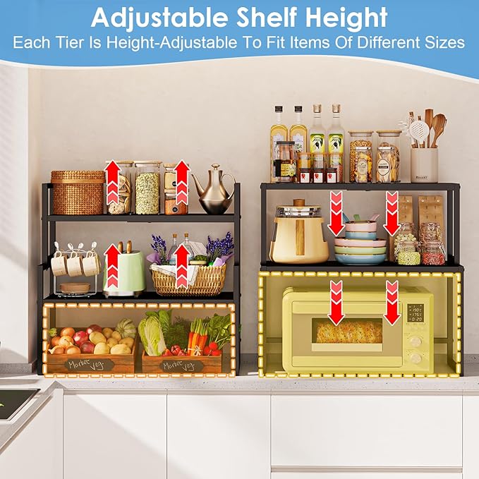 2 Pack Expandable Storage Shelves (Small + Large), Heavy Duty Metal Shelving Unit Rack Pots Pans Microwave Small Appliances, Adjustable Height Storage Shelf Rack Organizer For Kitchen Cabinet Pantry