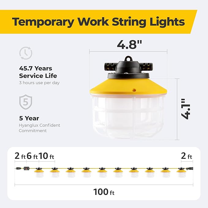 100FT Construction String Lights: 3 Prong 150W Ultra-bright 21000 lumens ETL Listed Linkable Industrial Outdoor Temporary Lighting IP65 Waterproof Hanging Led Work Light for Attic Jobsite Garage Shop