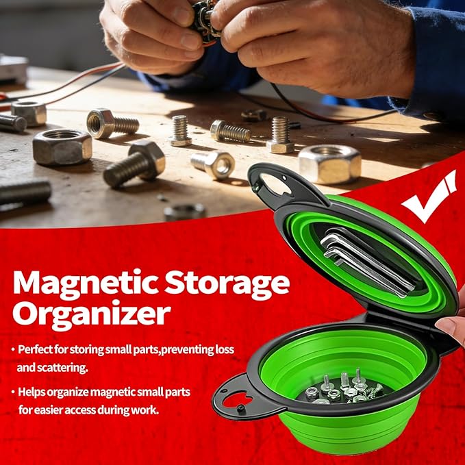 Collapsible Magnetic Parts Tray Set, New Upgraded Version Magnetic Trays, Integrated 5.1" Round Dual Silicone Bowls, Multi-Use Nuts And Bolts Organizer, Bonus Hook for On-the-Go Carry (green2.0)