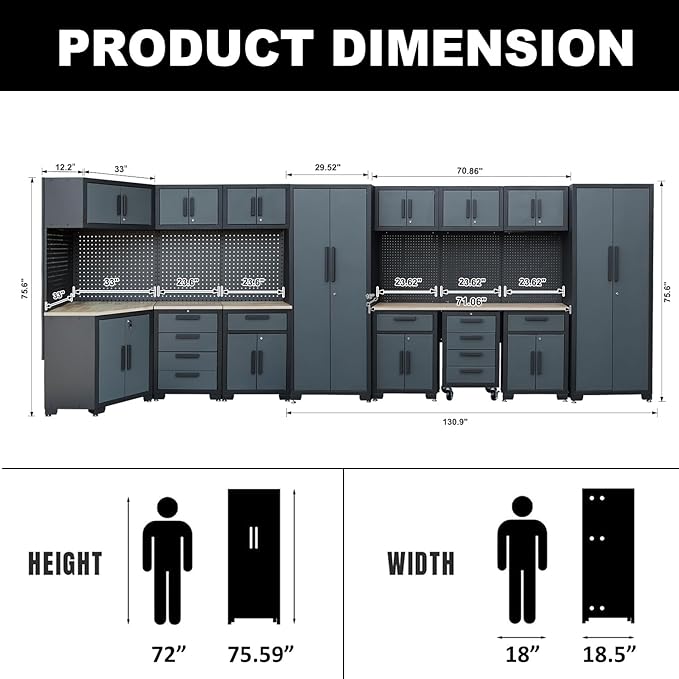 Garage Cabinets and Storage System, 17PCS Garage Storage Cabinet System Corner Workshop Set with Corner Cabinet, Cabinet Drawers, Workbench, Pegboard for Tool Organization, Black Grey
