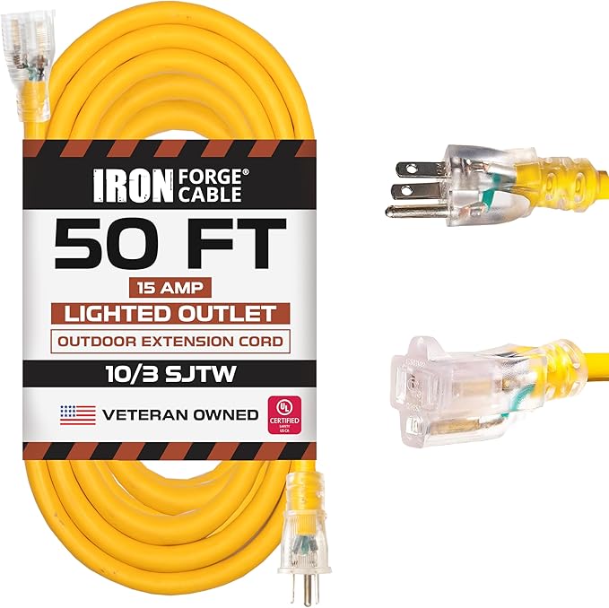 Iron Forge Cable Outdoor Extension Cord 50 Ft - 10 Gauge Heavy Duty Extension Cord, 15 AMP, 10/3 Yellow Power Cable SJTW Weatherproof with 3 Prong