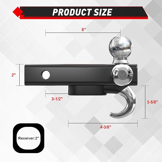 TYT Trailer Hitch Tri Ball Mount with Tow Hook,Fits 2 inch Receiver,Triple Balls (1-7/8", 2", 2-5/16"),10,000 lbs GTW,1,000 lbs TW,with Hitch pin
