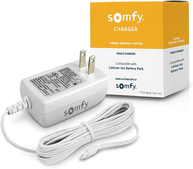Somfy Charger for V2 Wirefree Motors – Powers External Battery Pack – Compatible with Sonesse 30/40 & Altus 28 – 3-Pin Connector – LED Indicator – 6-Foot Cable – #9025166