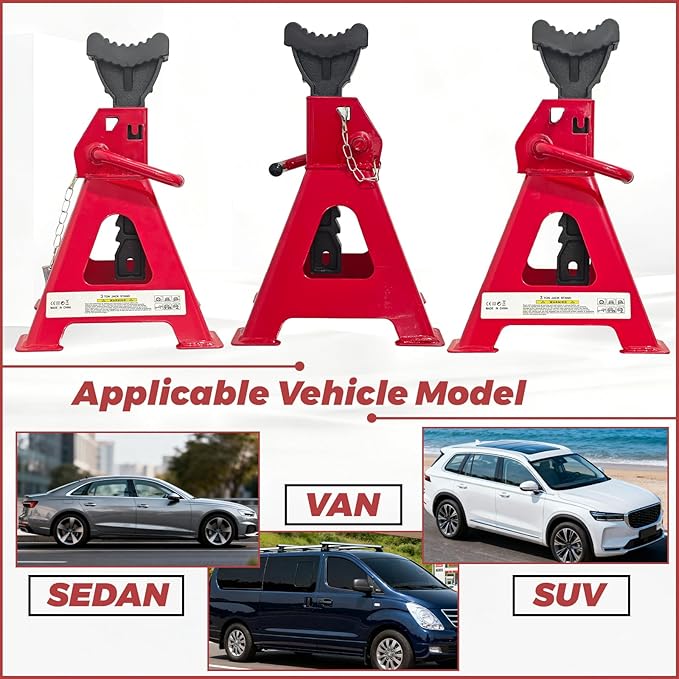 HENBOW Jack Stands，3 Ton Jack Stands with Solid Wheel Chocks，6600lbs Capacity,11"-16.33" Adjustable Car Lift Stands with Double Pin Locking,Black,1 Pair，Red