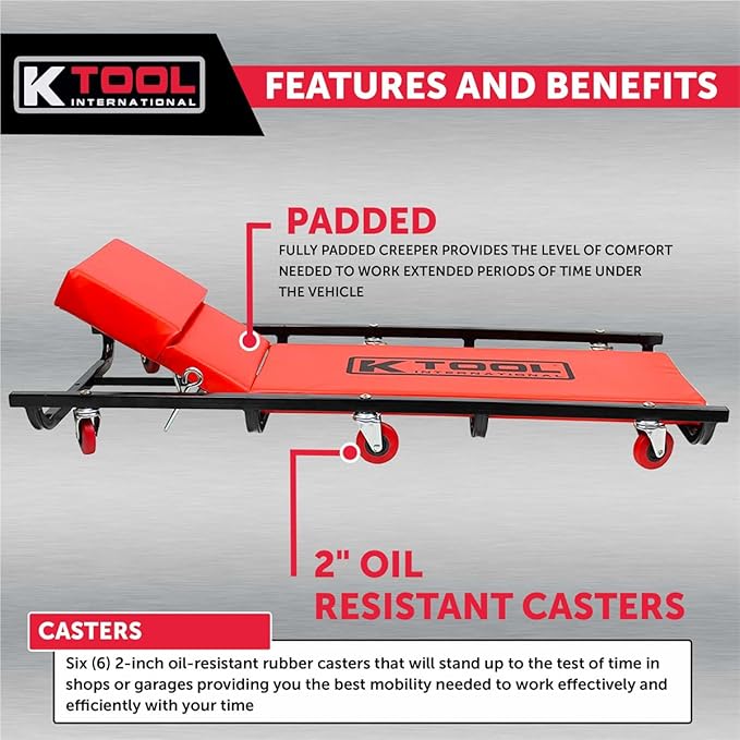 K Tool International 74961 Creeper Seat, Adjustable Headrest with Fully Padded Support, Oil Resistant Rubber Casters, Epoxy Coated Steel Frame for Shop Mobility