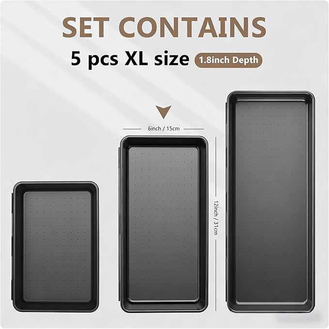 A-LUGEI【X-Large Size】【5 Pcs】 Tool Box Organizer Tray Divider【Single Size】 Black Plastic Desk Drawer Organizer Garage Organization for Wrench Plier Hammer Bit Socket Extension Screwdriver Bolt Hex key