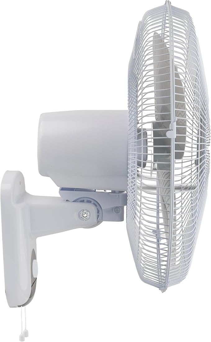 Comfort Zone 16-Inch Wall Mount Fan, Oscillating Indoor Fan with 3 Speed Settings, Adjustable 60° Tilt Head, Quiet Motor, Pull-Chain Control, Metal Grille Fan for Home, Office & Greenhouse