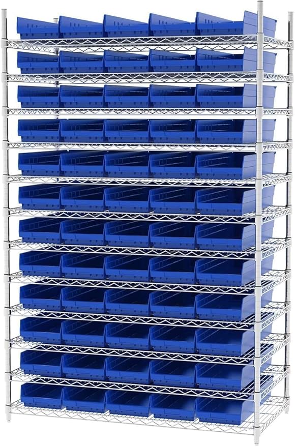 Akro-Mils 30184 Plastic Shelf Bins, Heavy Duty Storage Bins for Garage, Closet, and Drawer Organization, 24-Inch x 8-Inch x 4-Inch, Blue, 6-Pack