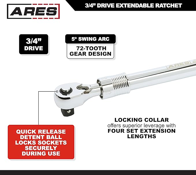 ARES 42078 – 3/4-Inch Drive Quick Release Extendable Ratchet - 72-Tooth Gear with 5 Degree Sweep – Handle Extends from 19.5 Inches to 30 Inches – Quick Release Drive Tang Locks Socket Securely