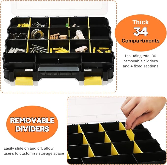 Small Parts Organizer 2 Pack | Storage Case Tools Box 34-Compartments Double Side Organizer Box with Removable Dividers for Small Hardware, Screws, Bolts, Nuts, Nails, Beads (Yellow)