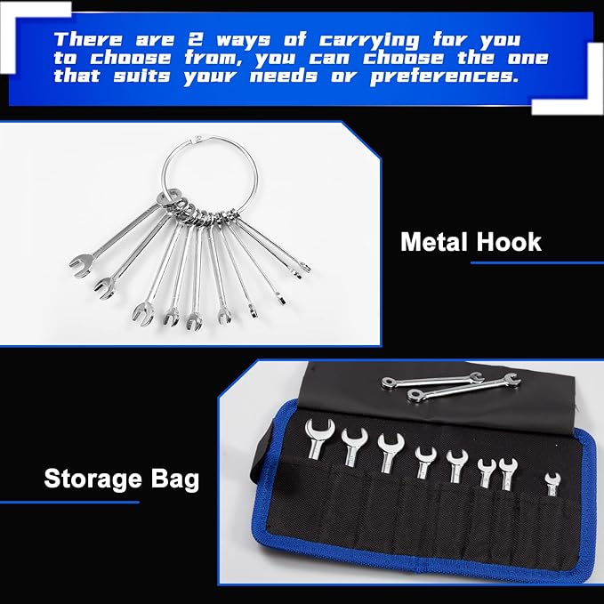 Small Wrench Set Metric 10 Pcs 4mm To 11mm Open End And Box End Spanner Wrenches with Key Ring, Ignition Wrench Set Standard with Portable Storage Pouches