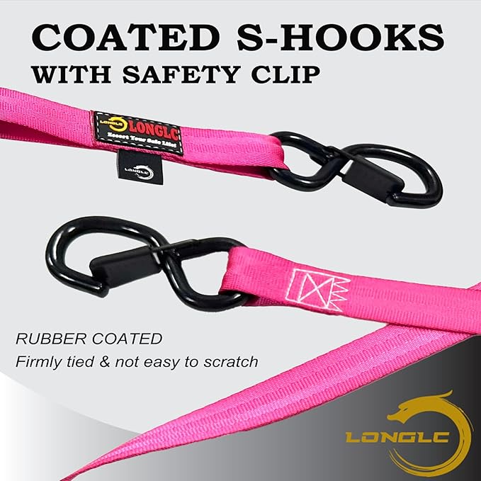 2-Pack Retractable Ratchet Straps Pink Heavy Duty - 1 Inch X 10Feet with Soft Loops, 2,000lbs Breaking Strength - Best for Trucks, Cargo Trailer, Motorcycle, Tie Down Straps Ratchet