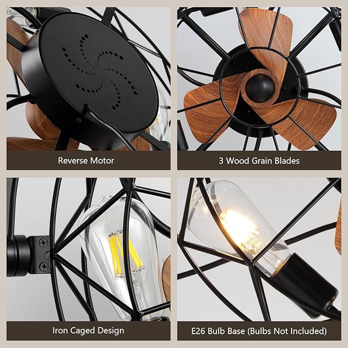 21" Fansconce, 360° Adjustable Tilt and Plug in Wall Mounted Fan, Garage Ceiling Fan with Lights and Remote, Reversible 6-Speed Timming Wall Fan for Residential, Greenhouse, Patio, Commercial etc