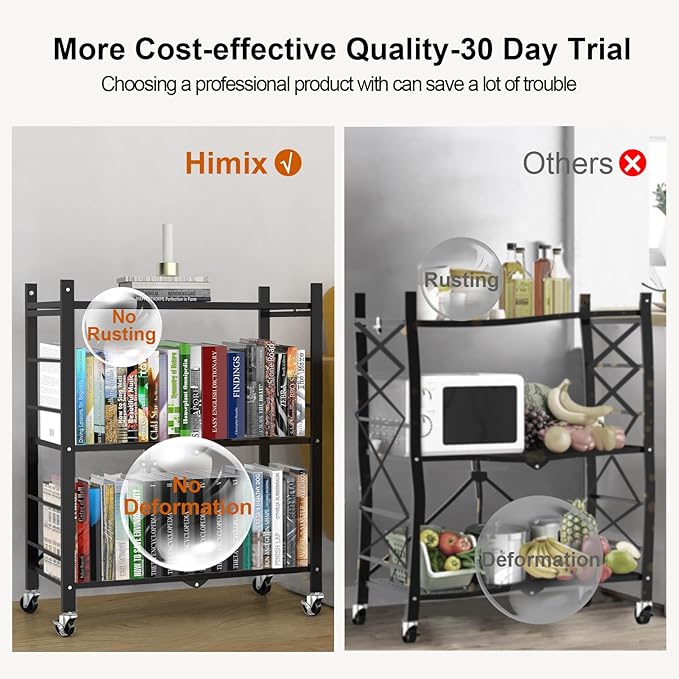 Himix Storage Shelves with 6 Hooks, 3 Tier Foldable Shelf with Wheels, Metal Storage Shelving Unit Rolling Cart, Utility Shelf Rack Organization Shelves for Pantry, Kitchen, Black - No Assembly