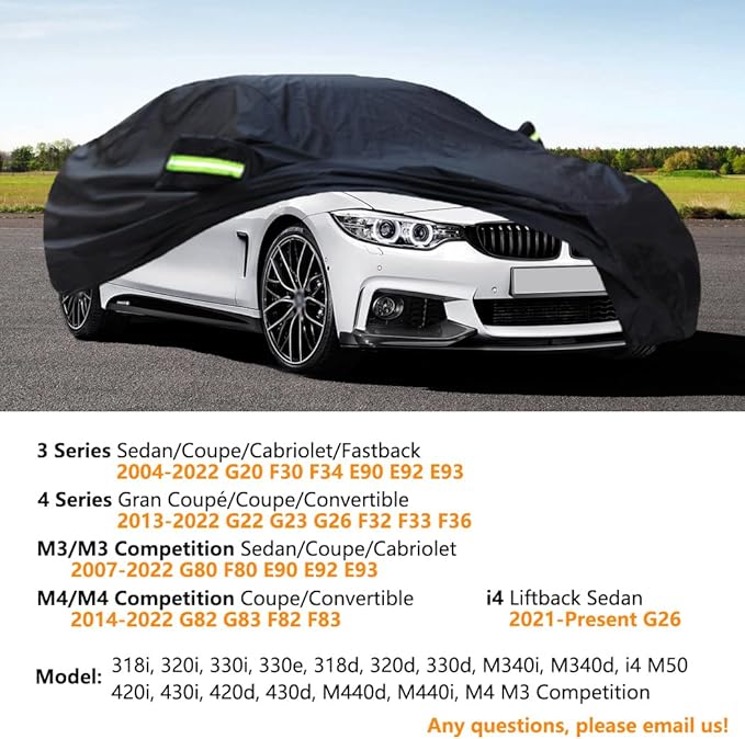 Custom Car Cover Compatible with BMW 3 Series M3 Sedan 2004-2026/4 Series M4 2013-2026, Waterproof All Weather Car Covers with Mirror Pockets and Windproof Straps, Rain Snow Sun UV Cover
