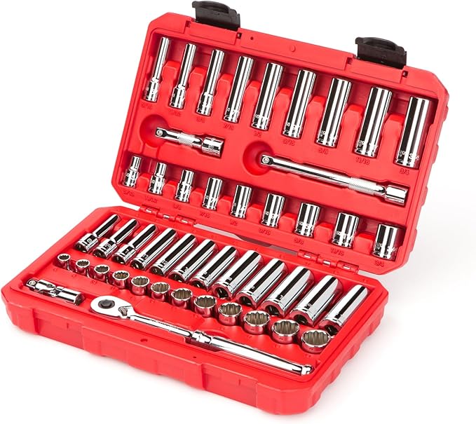TEKTON 3/8 Inch Drive Shallow and Deep 12-Point Socket and Ratchet Set with Case, 46-Piece (5/16-3/4 in., 8-19 mm) | SKT15302