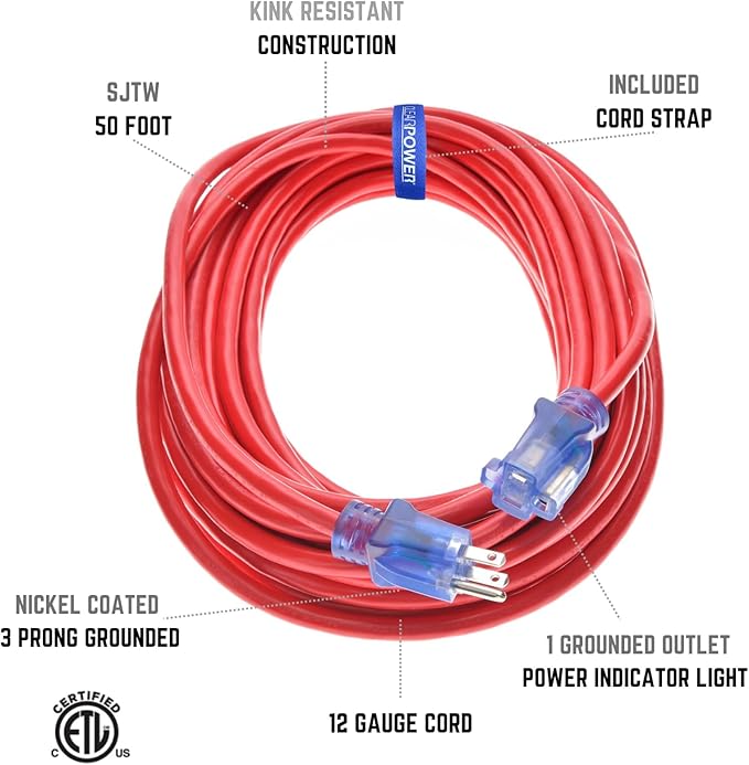 Clear Power Heavy Duty Outdoor Extension Cord - 50 FT, Red | for Extreme Cold Weather -50°C, 12/3 SJTW, Water & Weather Resistant, Flame Retardant, 3 Prong Grounded Plug (CP10107)