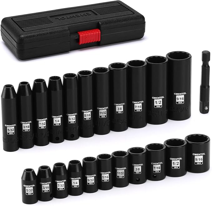 EMENTOL 1/4" Drive Impact Socket Set, 23 Pieces Deep & Shallow Socket Set, SAE 5/32"-9/16", 12 Point CR-V, Includes Drill Bit Adapter