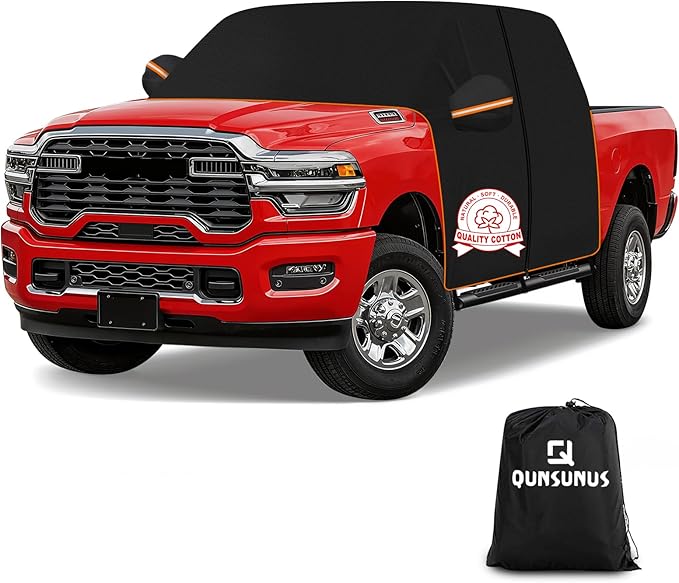 QUNSUNUS Truck Cover for Dodge Ram 1500/2500/3500 Crew Cab All Years,Waterproof Half Truck Cab Cover with Cotton Liner, All Weather Ram 1500 Cab Cover with Adjustable Straps and Zipper