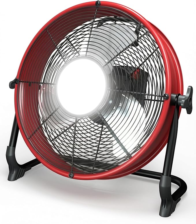 T-SUN 12" Battery Power Floor Fan Compatible with Mil-wau-kee Battery, Outdoor Floor Fan with LED Light, Stepless Speed Cordless Fan, Metal High Velocity for Jobsite Outdoor Camping