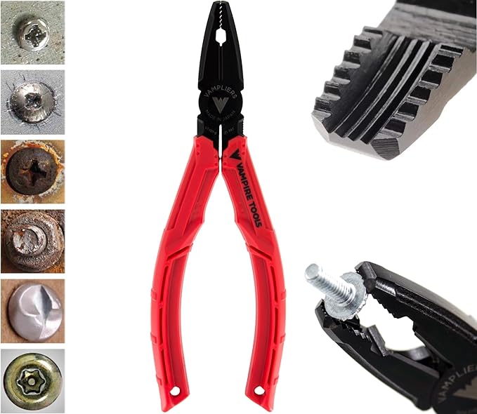 VAMPLIERS 4-PC Screw Extractor Pliers Set. Made in Japan: 8" Linesman, 7.5" Long Nose, 6.25" Black Oxide & 5" ESD Safe Mini Plier. Remove any Stripped/Damaged/Rusted Fasteners