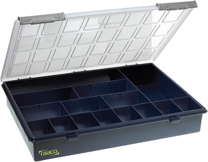Raaco Assorter Tool Box Organizer – Full-Size – 15 Slots Fixed Grid with Semi-Transparent Lid, Polypropylene (PP) Storage Box for Screws, Nuts and Bolts, Small Parts & Hardware (Assorter 4-15)