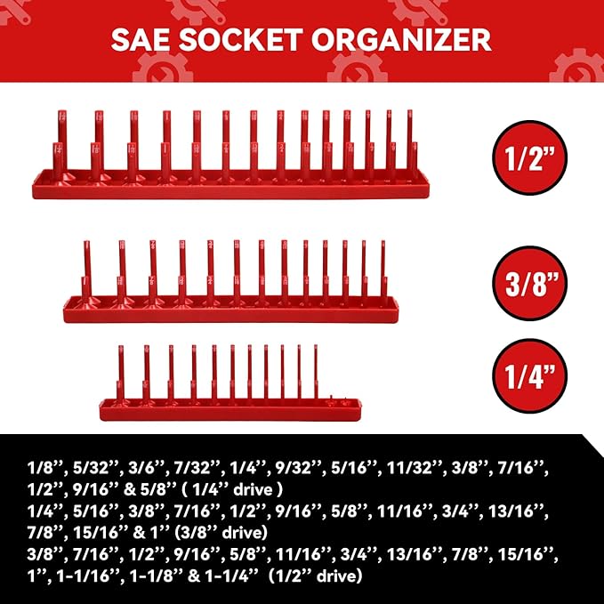 3PCS Socket Organizer Tray Set, SAE Socket Storage Trays, 1/4-Inch, 3/8-Inch & 1/2-Inch Drive Deep and Shallow Socket Holders for Toolboxes