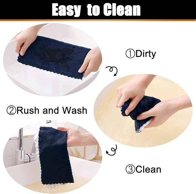 Mordimy 12 Pack Kitchen Cloths Dish Towels (10" x 10", Navy Blue & White), Super Soft and Absorbent Dish Cloths, Coral Velvet Microfiber Cleaning Cloth, Nonstick Oil Fast Dry Dishcloths