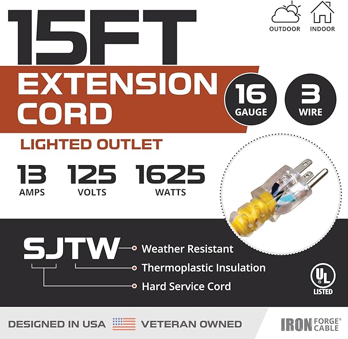 Iron Forge Cable Weatherproof 15 Ft Outdoor Extension Cord - 16/3 SJTW 13 Amp Heavy Duty Highly Visible Yellow Extension Cord 3 Prong - Lighted End