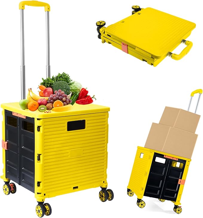 Foldable Utility Cart Folding Portable Rolling Crate Handcart Shopping Trolley Wheel Box with Lid Wear-Resistant Noiseless 360°Rotate Wheel for Travel Shopping Moving Storage Office Use (Yellow)