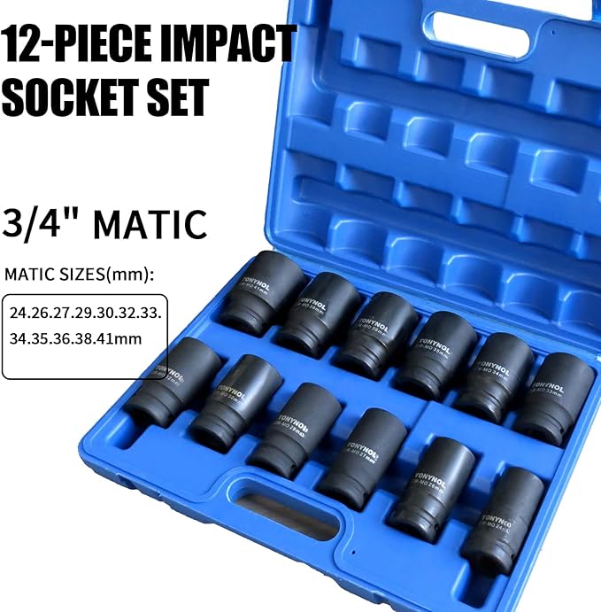 3/4 Inch Drive Deep Impact Socket Set,6-Point,Metric (24mm to 41mm),12 Pcs,Cr-Mo,Heavy Duty Impact Socket Set,With a Storage Case