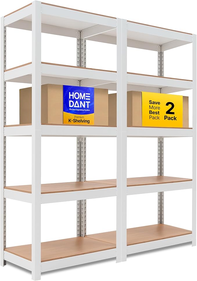 HOMEDANT House 24.4" W 5 Tier Heavy Duty Garage Shelving Adjustable Metal Rack Storage Shelves Standing Shelf Unit Organizers Pantry Closet Office White 2Pack