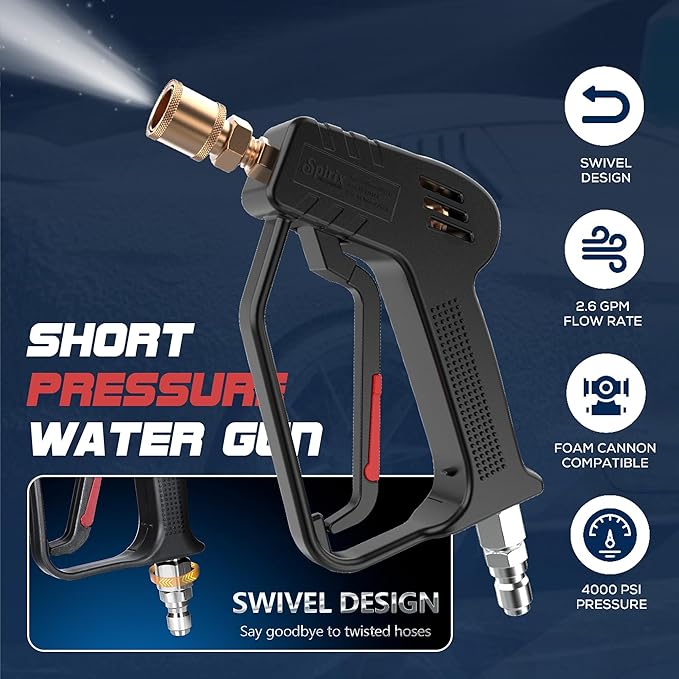 SPIRIX Stubby Pressure Washer Gun - 4000 PSI Short Power Washer Gun with 360° Swivel, 3/8" Quick Connect, Heavy Duty Spray Handle for Foam Cannon Car Wash Detailing