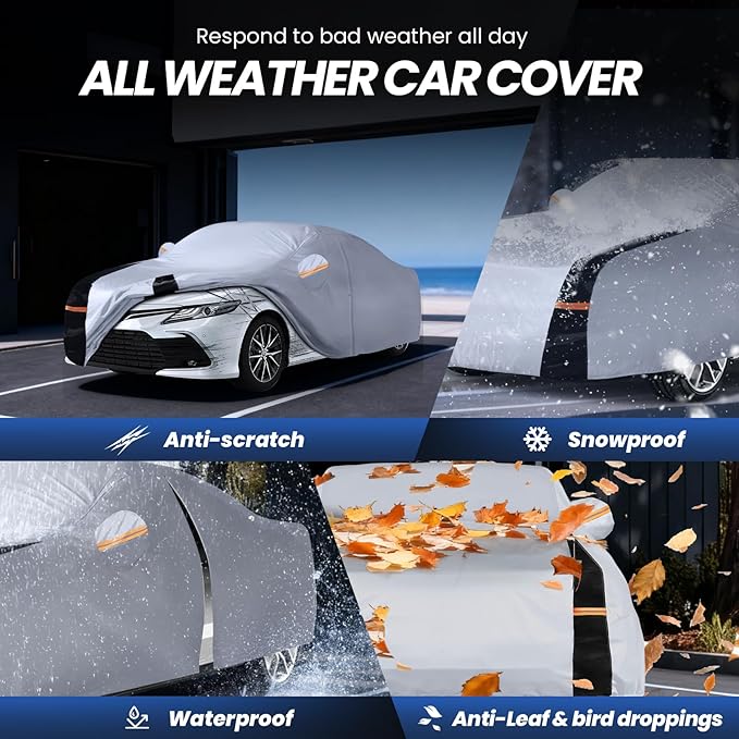Car Cover Waterproof All Weather, 10 Layers Outdoor Car Covers for Automobiles - Sun & Rain Protector Full Exterior Covers. Custom Fit Accord, Camry, Fusion, Sonata, etc. A2 (Gift Towel/Storage Bag)