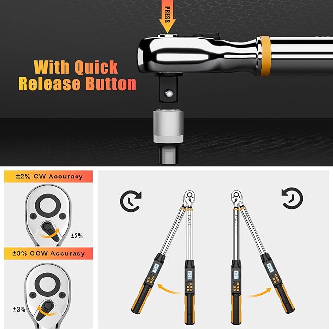 Digital Torque Wrench 1/2 Inch Drive, 17.38-147.5Ft-lb/10-200Nm, Electronic Torque Wrench, ±2% High Accuracy with with Preset Value, Data Storage, Buzzer and LED Flash Notification for Car