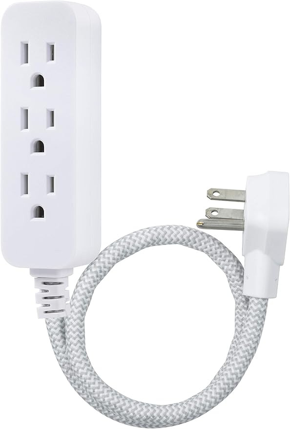 GE Designer 3-Outlet Power Strip, 1 Ft Braided Extension Cord, 3 Grounded Outlets, Flat Plug, Mini Cord, Premium, White, 45190 (Pack of 12)