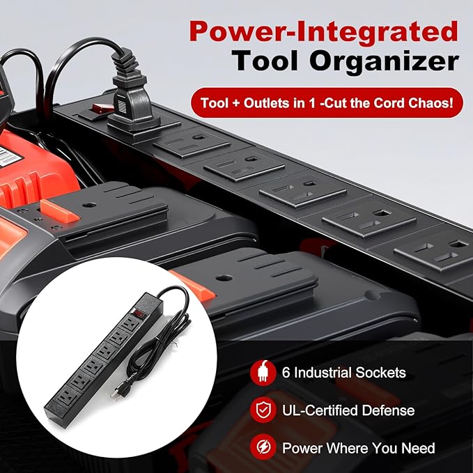 3 layers power tool organizer Loads 150lbs with 6 Cordless Drill Holder and 6 Outlet Power Strip,it’s good choice for husband birthday gift,black