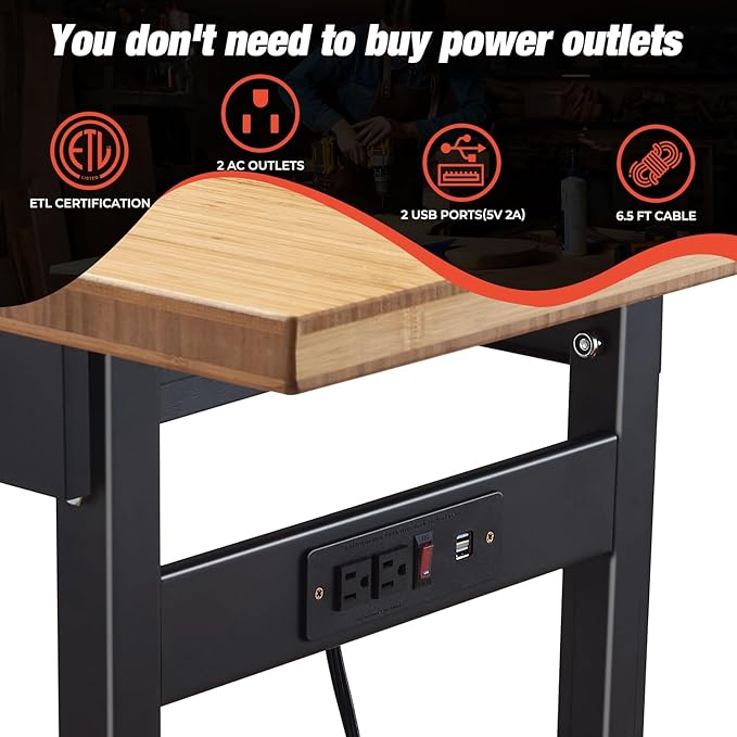 48" Work Bench for Garage, Height Adjustable Heavy Duty Rubber Wood Shop Table with Power Outlets