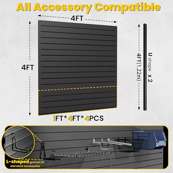 Slat Wall Paneling 4x4 FT, PVC Slat Wall Panels with 12 Hooks Heavy-Duty Garage Organization System, Slatwall Pegboard Suitable for Home、Garage、Shop Wall Display & Organization (Black)