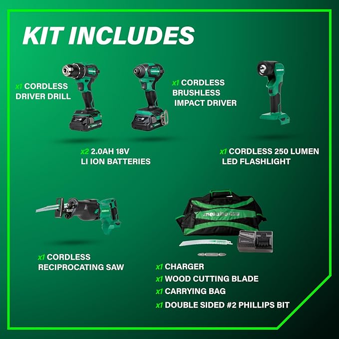 Metabo HPT 18V MultiVolt™ Cordless Driver Drill, Impact Driver, Reciprocating Saw, and Torchlight 4-Pc Combo Kit | Includes 2-18V 2.0Ah Batteries | Lifetime Tool Warranty | KC18DEX4