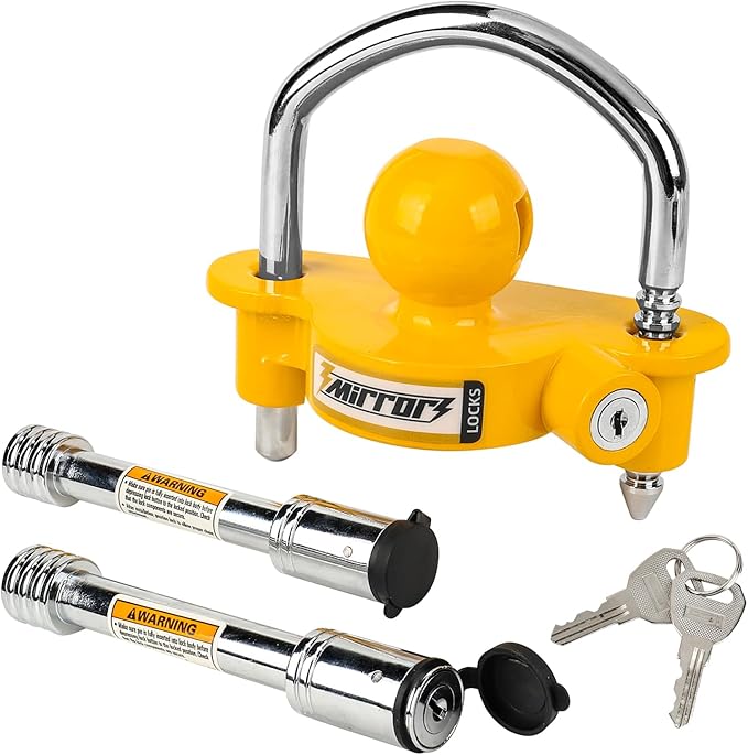 3mirrors Trailer Hitch Locks - Ball Hitch Lock + 2 Hitch Pin Lock Fits 1-7/8 Inch, 2 Inch, 2-5/16 Inch Couplers for Trailer Truck Car Boat
